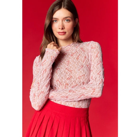 "The Stacy" Pink Candy Cane Lace Top - Picture 1 of 2